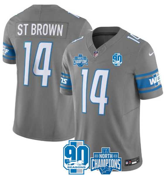 Men & Women & Youth Detroit Lions #14 Amon-Ra St. Brown Gray 2023 90th Anniversary North Division Champions Patch Limited Stitched Jersey